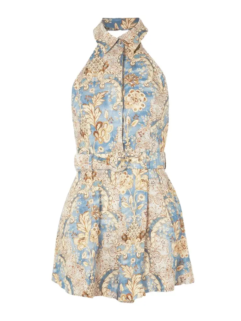 Zimmermann Daylight Belted Printed Linen Halterneck Playsuit