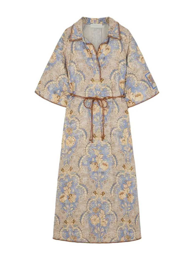 Zimmermann Daylight Belted Printed Linen Midi Dress