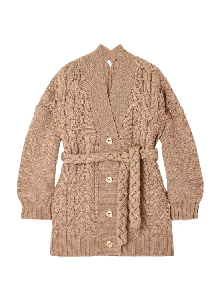 VIOLANTE NESSI Tracey Belted Cable-knit Wool Cardigan