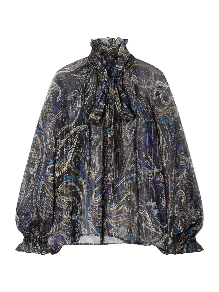Etro Pussy-bow Printed Metallic Silk-crepon Blouse