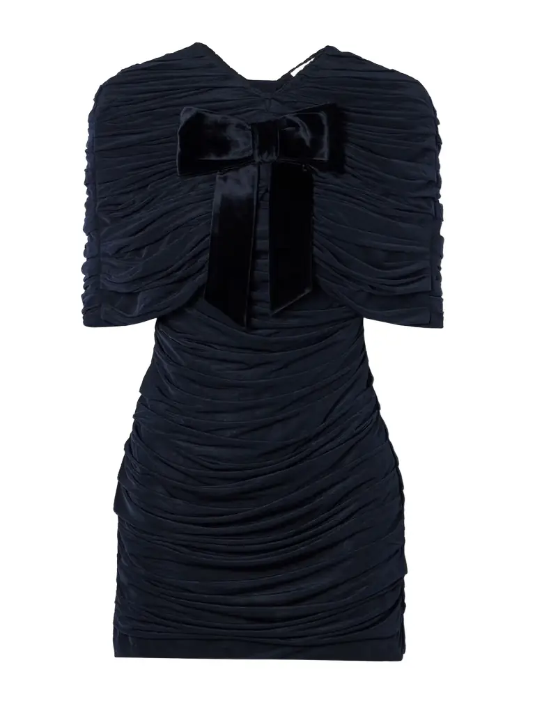 SHUSHU/TONG Bow-embellished Velvet-trimmed Gathered Jersey Mini Dress