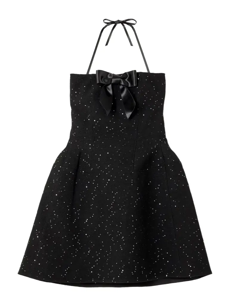 SHUSHU/TONG Strapless Bow-detailed Sequin-embellished Wool-blend Mini Dress