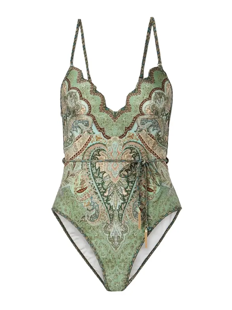 Zimmermann Wanderlust Belted Embellished Scalloped Printed Swimsuit