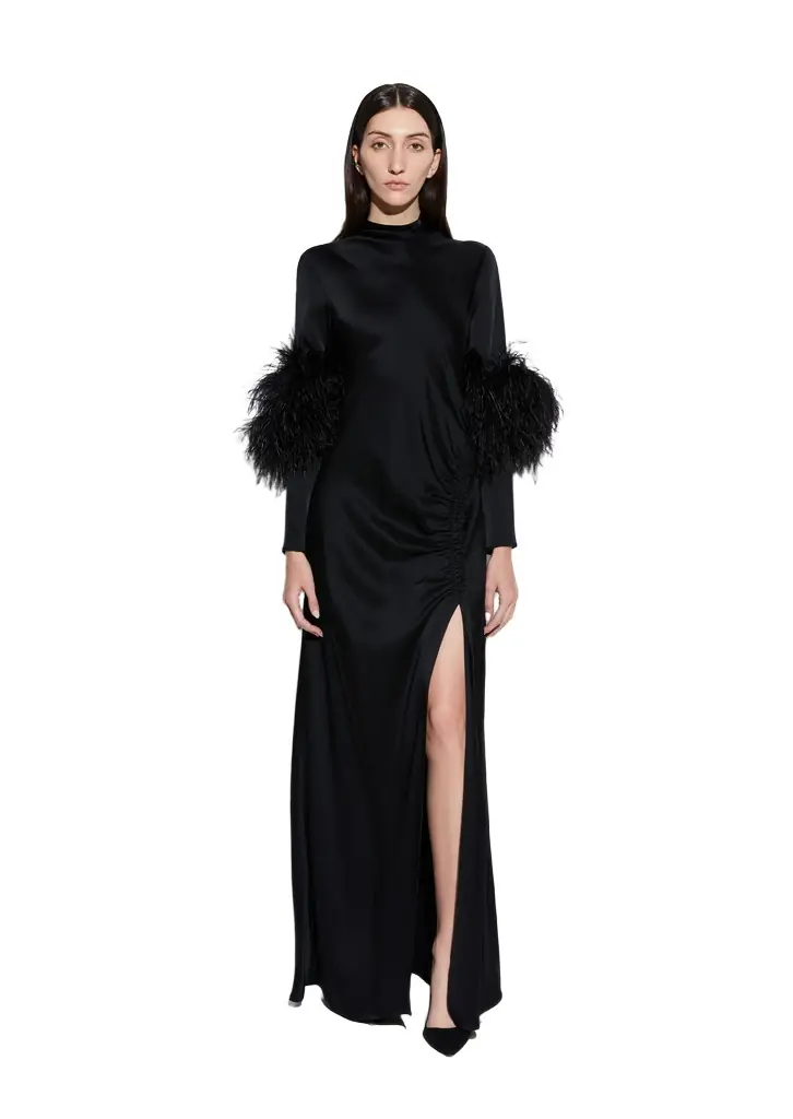 LAPOINTE Satin Tab Gown With Feathers