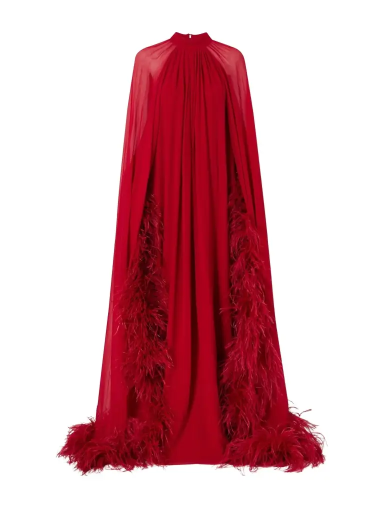 Taller Marmo Eterea Cape-effect Feather-trimmed Chiffon Gown