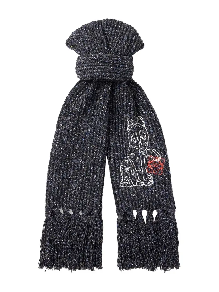 Loewe Fringed Embroidered Knitted Scarf - Men