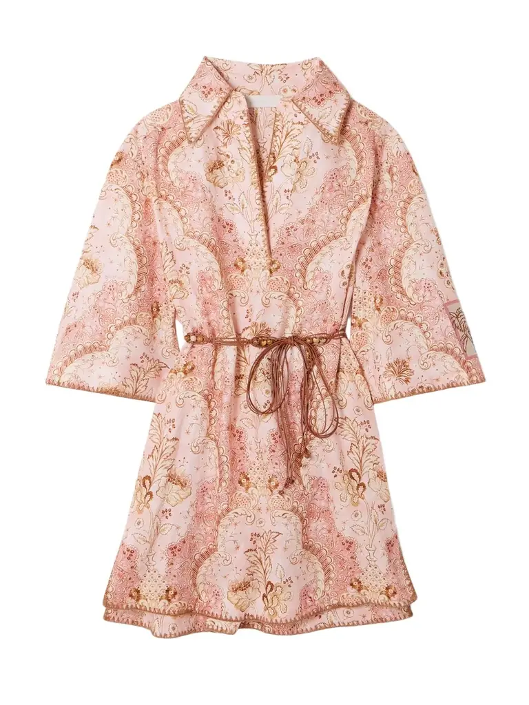 Zimmermann Daylight Belted Printed Linen Mini Dress