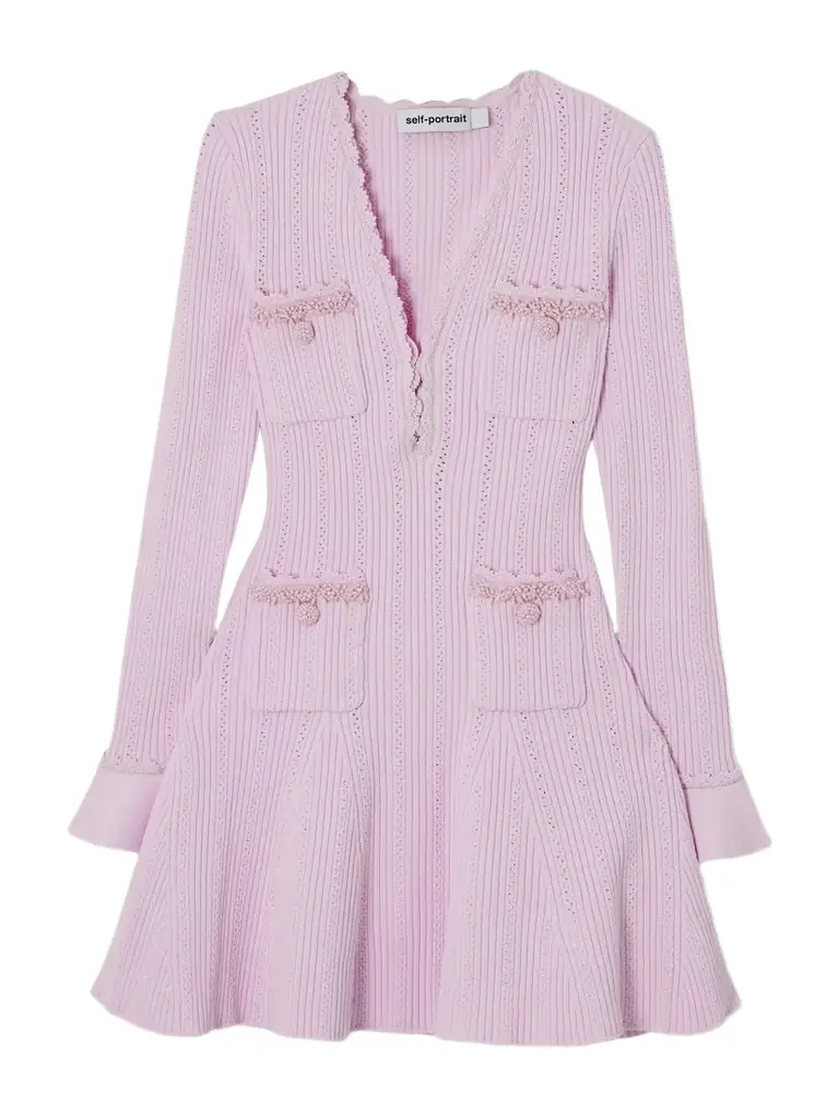 Self-Portrait Faux Pearl-embellished Ribbed Pointelle-knit Mini Dress