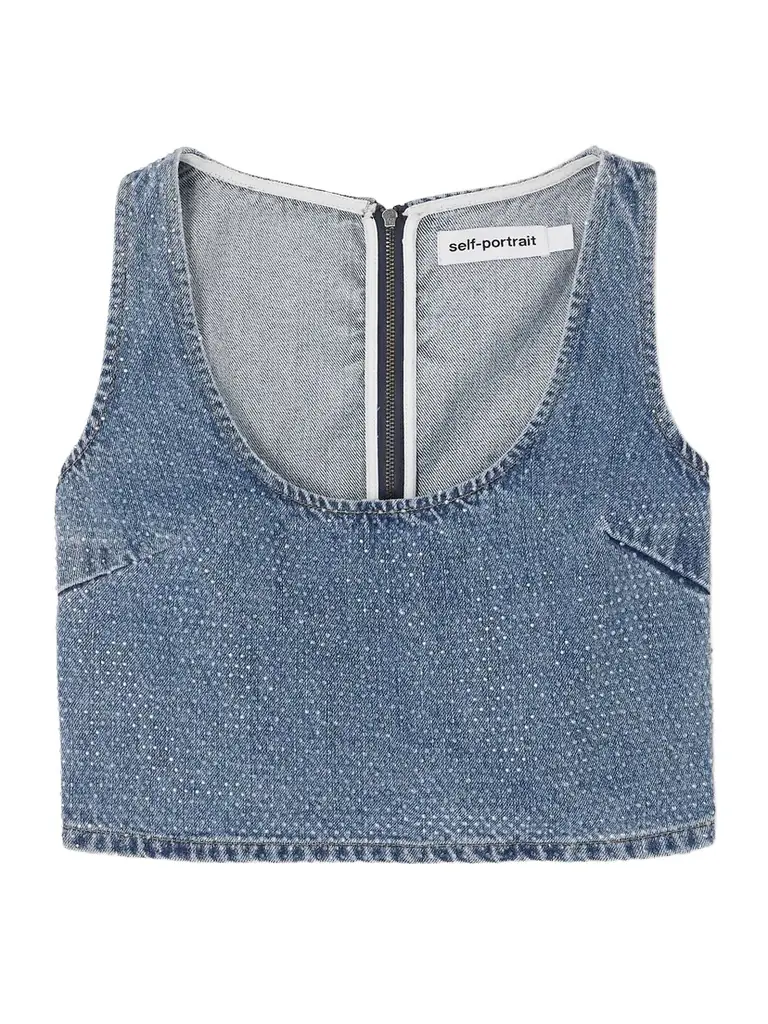 Self-Portrait Cropped Crystal-embellished Denim Top