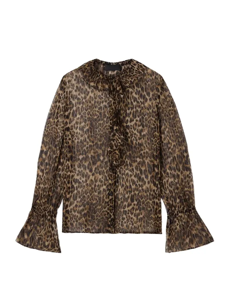 Nili Lotan Cecily Ruffled Leopard-print Metallic Silk-blend Crepon Blouse