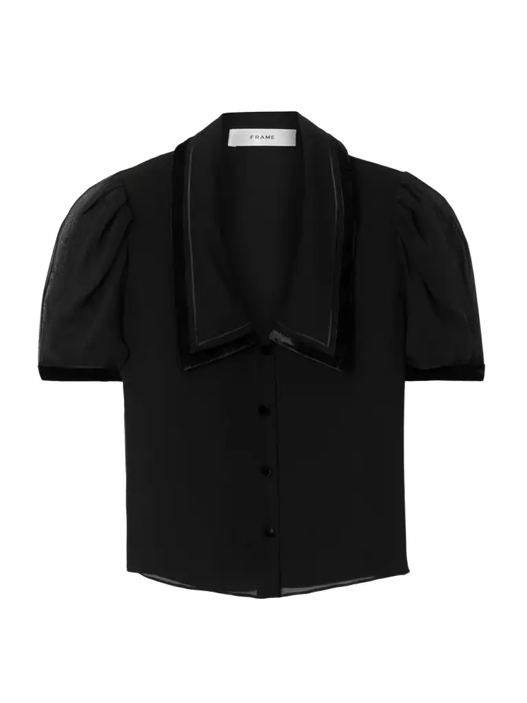 Frame The Sailor Velvet-trimmed Silk-chiffon Blouse