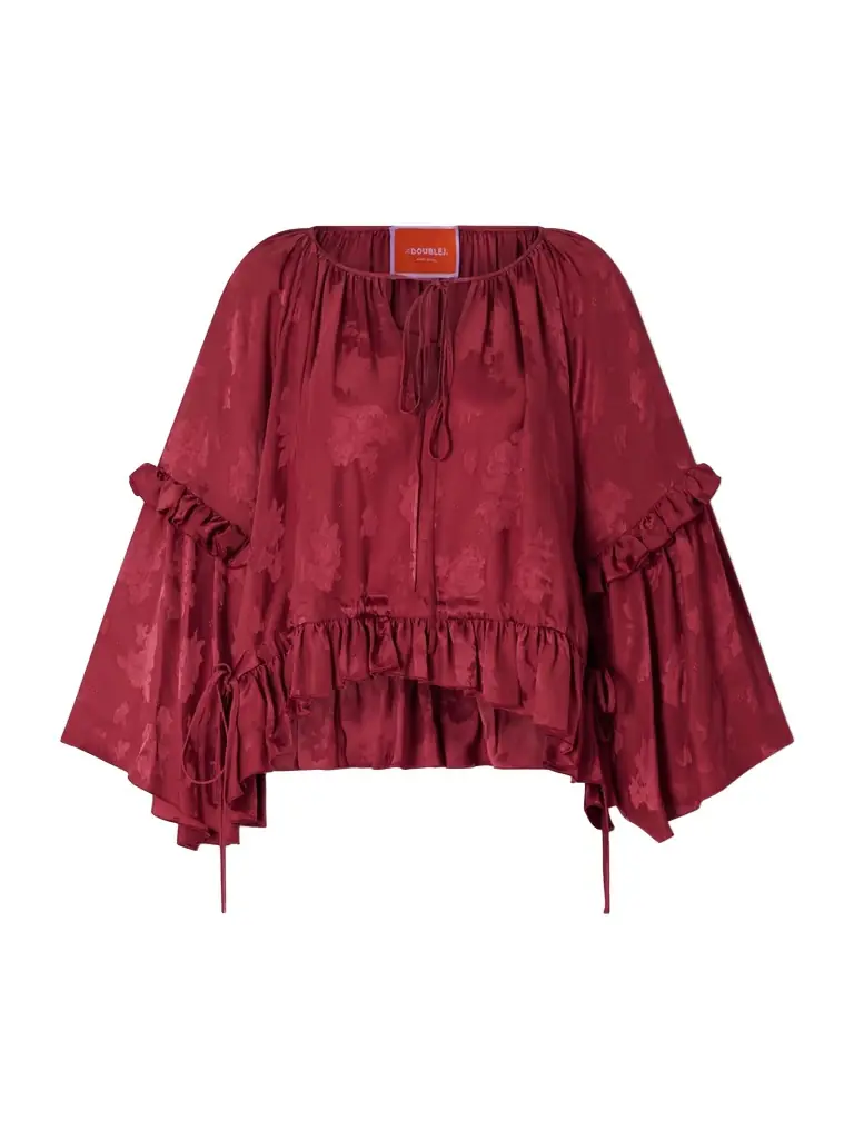 La DoubleJ Boho Asymmetric Ruffled Satin-jacquard Blouse