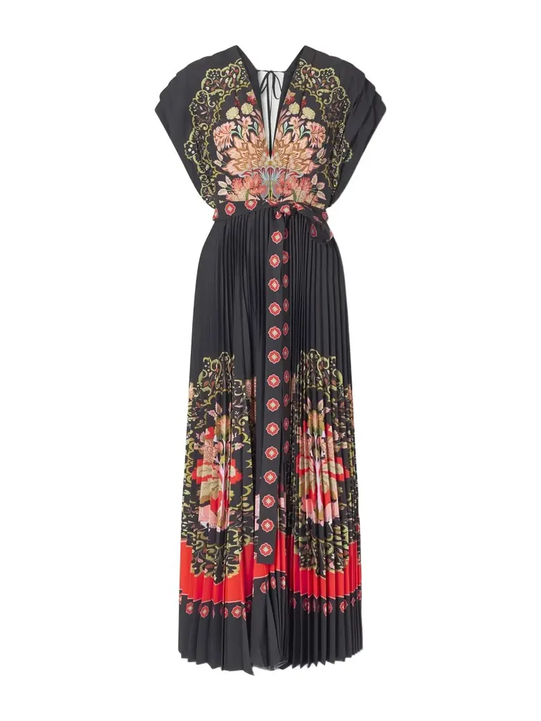 La DoubleJ Belted Pleated Printed Crepe De Chine Maxi Dress