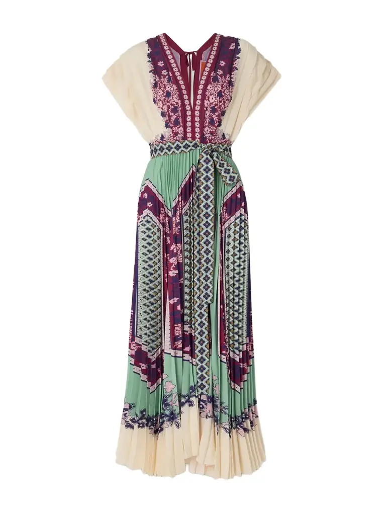 La DoubleJ Belted Printed Pleated Crepe De Chine Maxi Dress