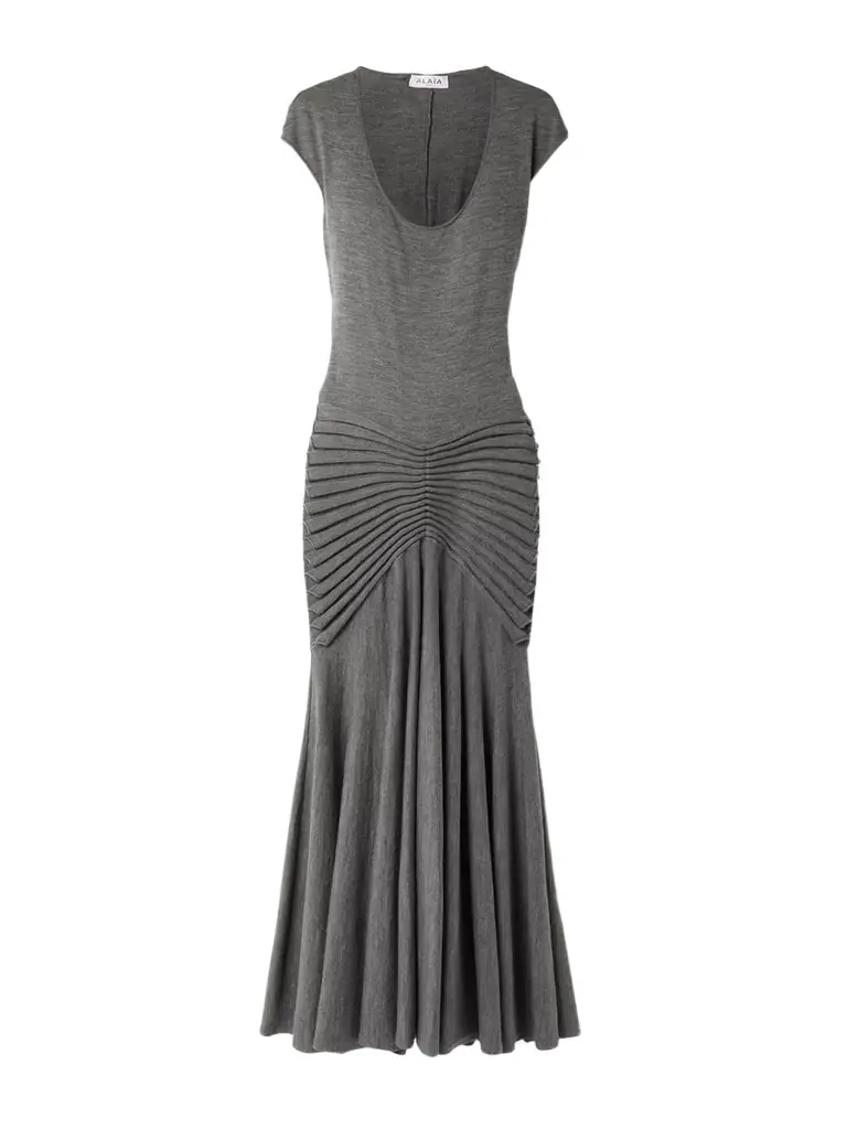 Alaïa Pleated Wool Maxi Dress