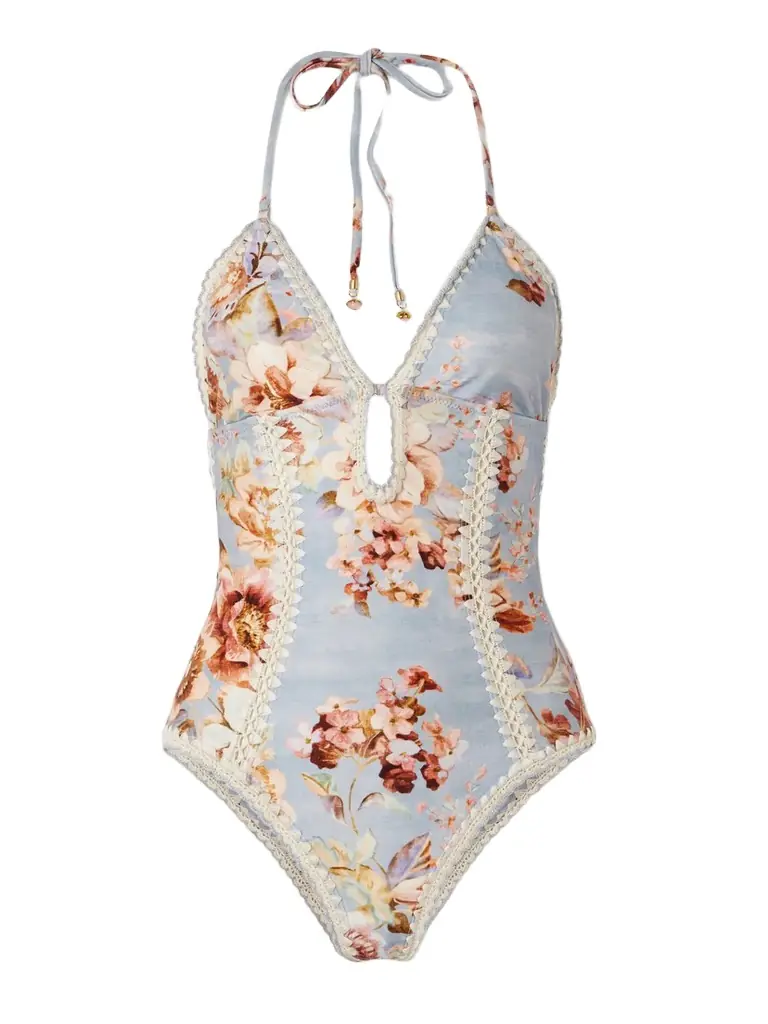 Zimmermann Awaken Crochet-trimmed Floral-print Halterneck Swimsuit