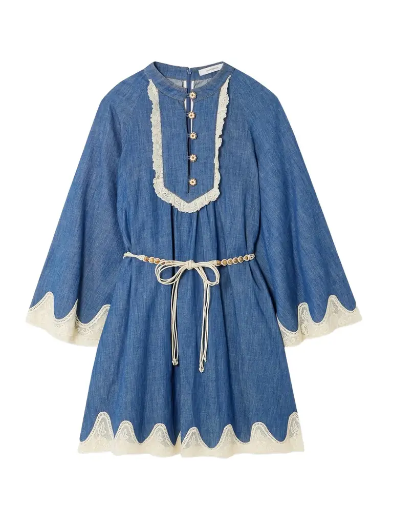 Zimmermann Awaken Belted Lace-trimmed Denim Mini Dress
