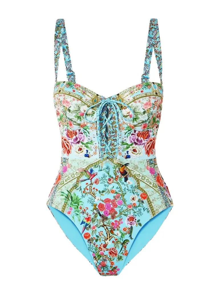Camilla Lace-up Crystal-embellished Printed Recycled Swimsuit