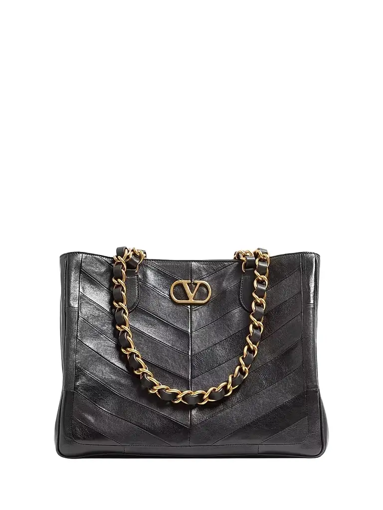Valentino Garavani Women's Laseine Shopping Bag in Nappa Leather with a Chevron Pattern - Black
