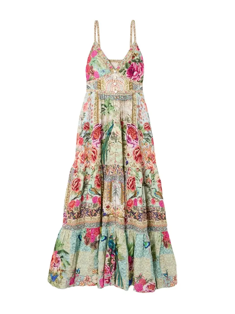 Camilla Crystal-embellished Tiered Floral-print Linen Maxi Dress