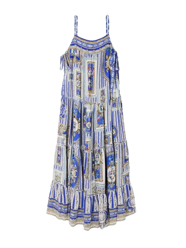 Camilla Tie-detailed Lace-trimmed Tiered Printed Silk-satin Maxi Dress