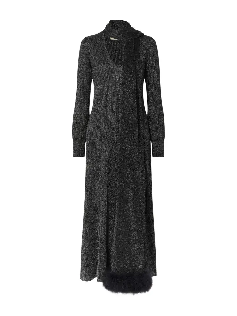 Valentino Garavani Scarf-detailed Feather-trimmed Metallic Ribbed-knit Midi Dress