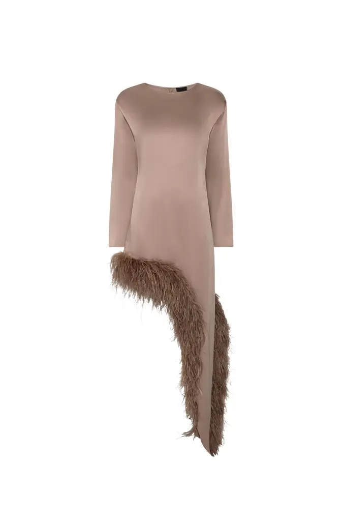 LAPOINTE Satin Asymmetrical Dress With Feathers