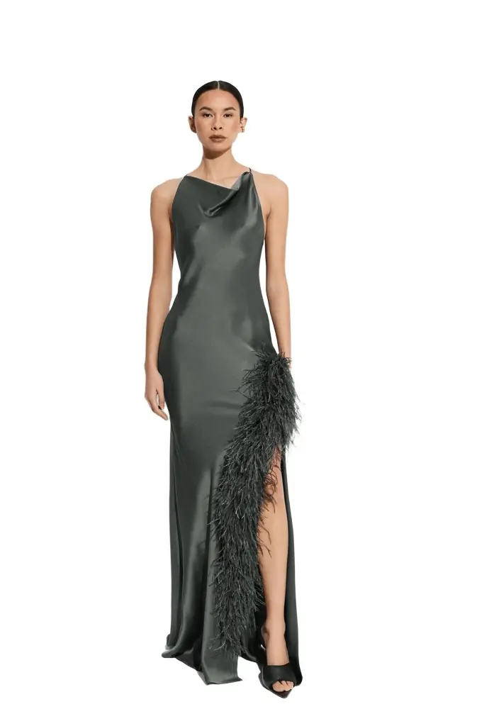 LAPOINTE Satin Halter Gown With Feathers