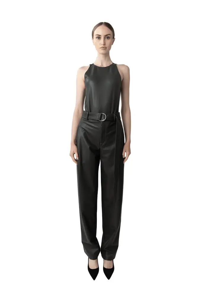 LAPOINTE Stretch Faux Leather Belted Tapered Trouser
