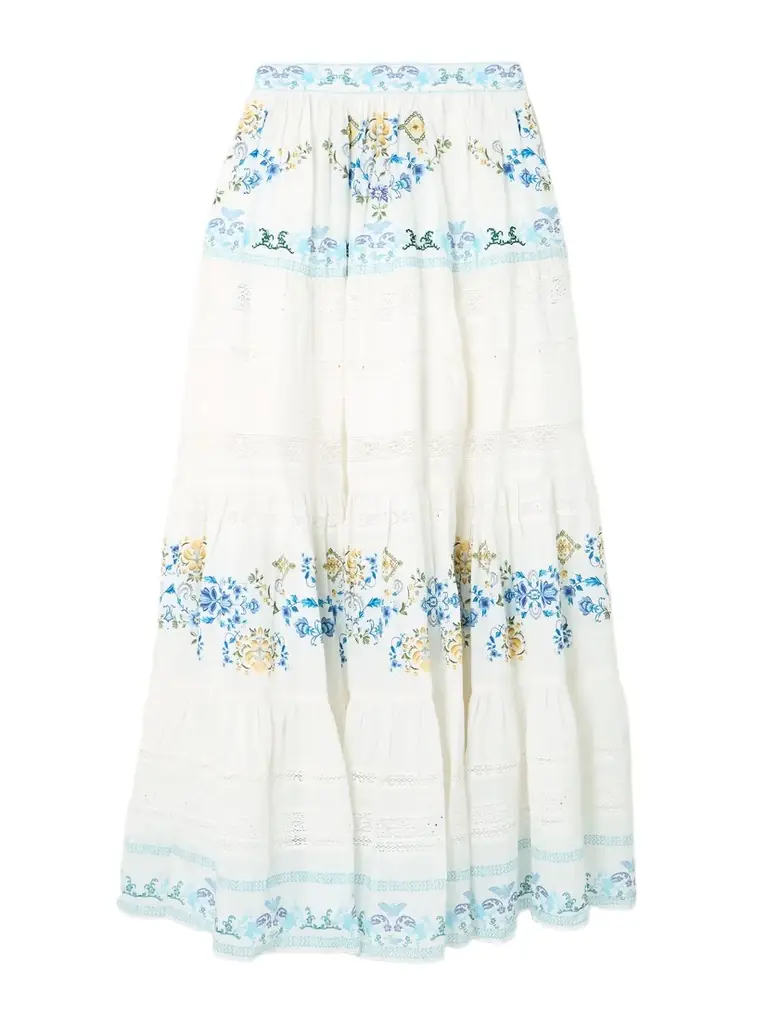Camilla My Homespun Heart Lace-trimmed Embroidered Printed Tiered Cotton And Silk-blend Maxi Skirt