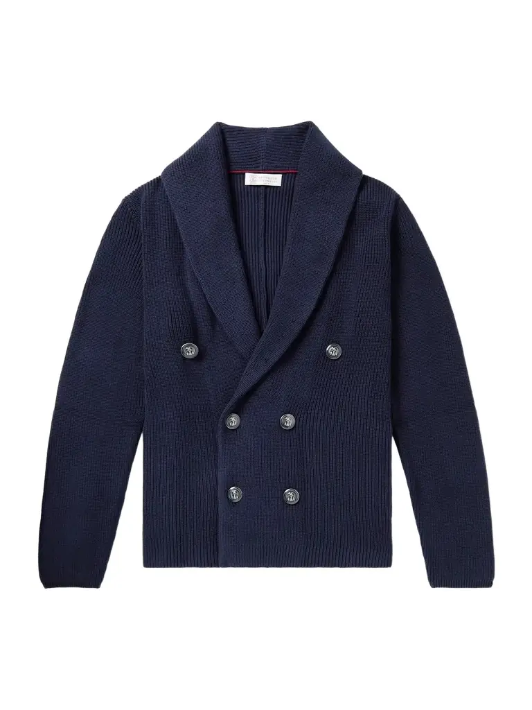 Brunello Cucinelli Shawl-Collar Double-Breasted Ribbed Cotton Cardigan - Men