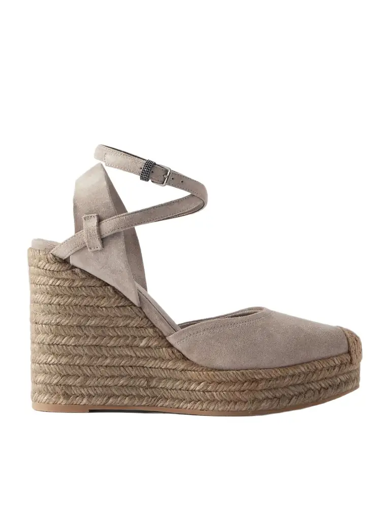 Brunello Cucinelli 80 Embellished Suede Platform Wedge Espadrille Sandals