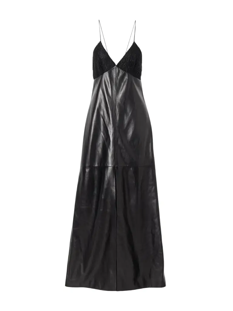 Veronica de Piante Amelia Embellished Silk-trimmed Leather Maxi Dress