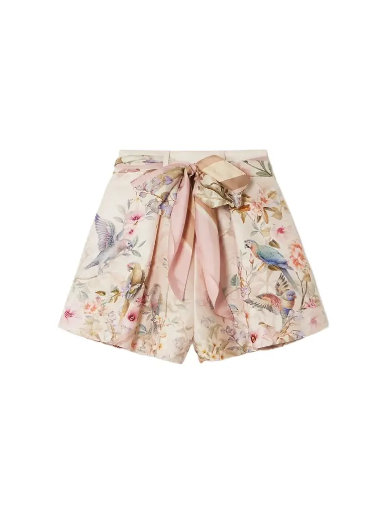 Zimmermann Rebellion Tuck Tie-detailed Printed Silk And Cotton-blend Shorts