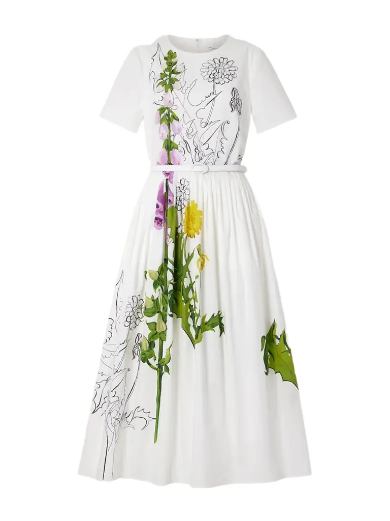 Oscar de la Renta Belted Floral-print Cotton-blend Poplin Midi Dress