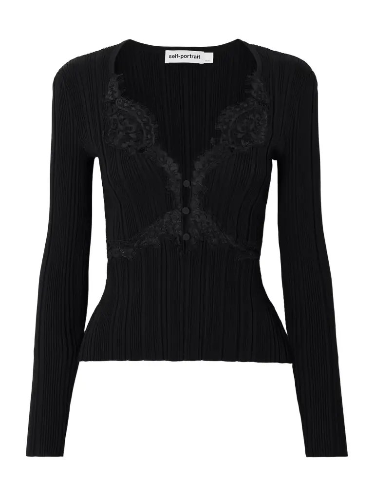 Self-Portrait Lace-trimmed Ribbed-knit Top