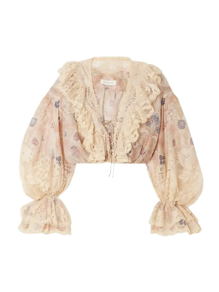 Zimmermann Rebellion Lace-up Ruffled Floral-print Linen And Silk-blend Top