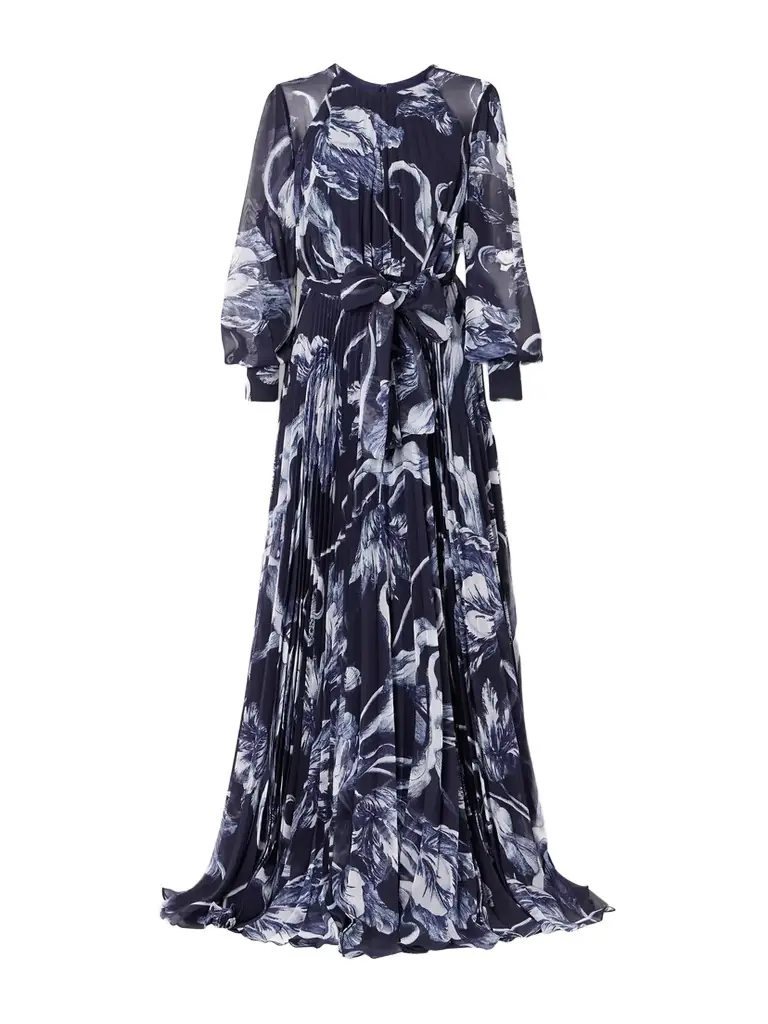 Erdem Belted Pleated Printed Chiffon Gown