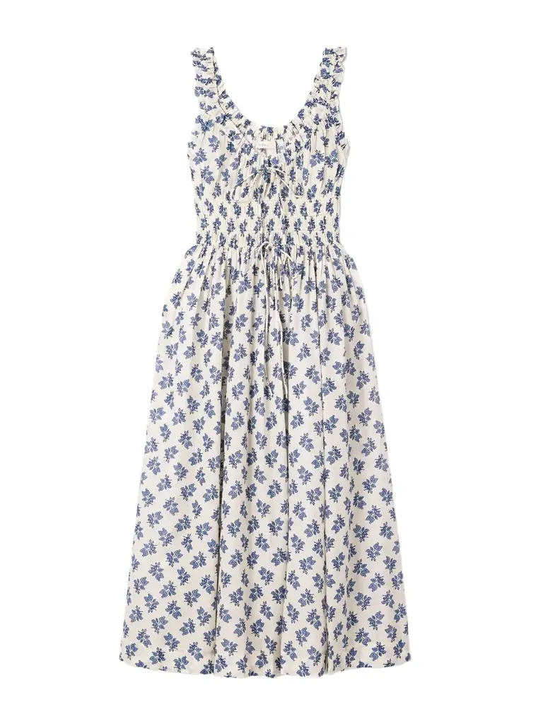 DÔEN Emmaretta Shirred Floral-print Organic Cotton-voile Midi Dress
