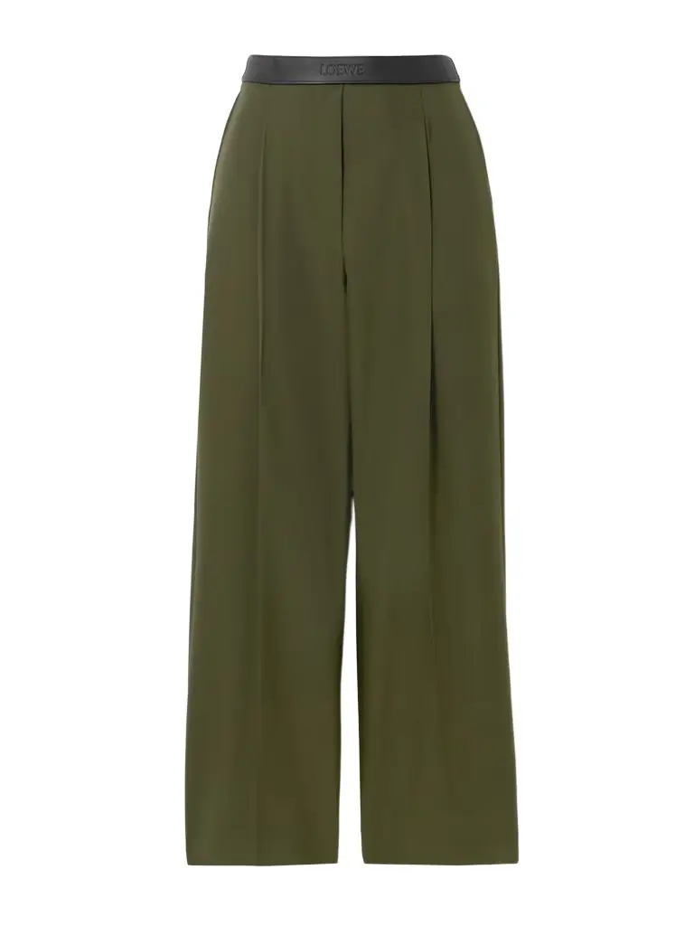 Loewe Leather-trimmed Pleated Grain De Poudre Wool Pants