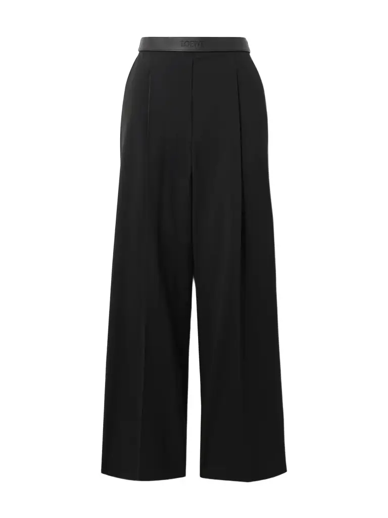 Loewe Leather-trimmed Pleated Grain De Poudre Wool Straight-leg Pants