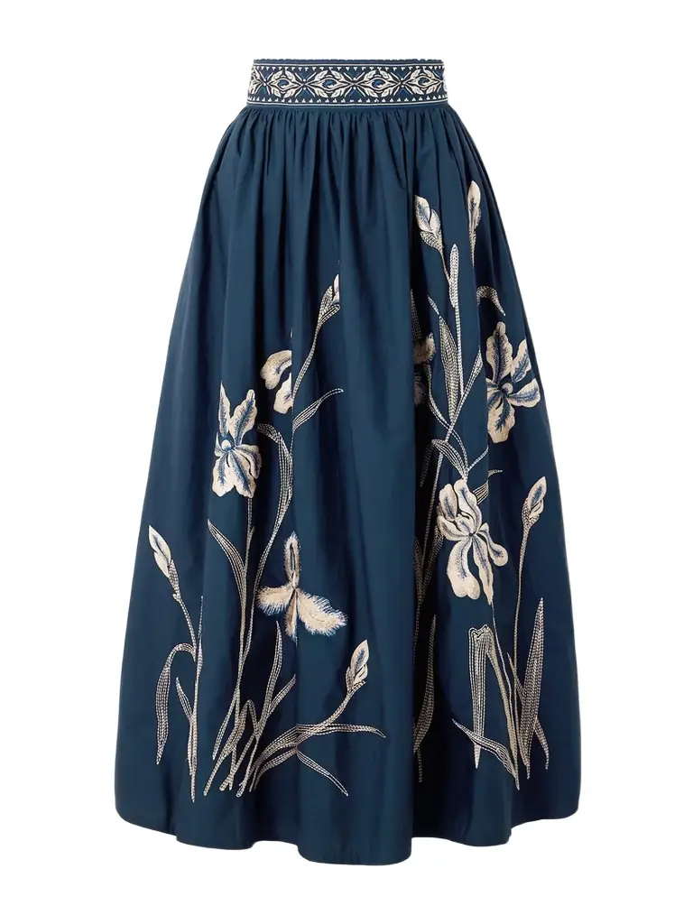Emporio Sirenuse Ombretta Iris Pleated Embroidered Cotton-blend Poplin Midi Skirt