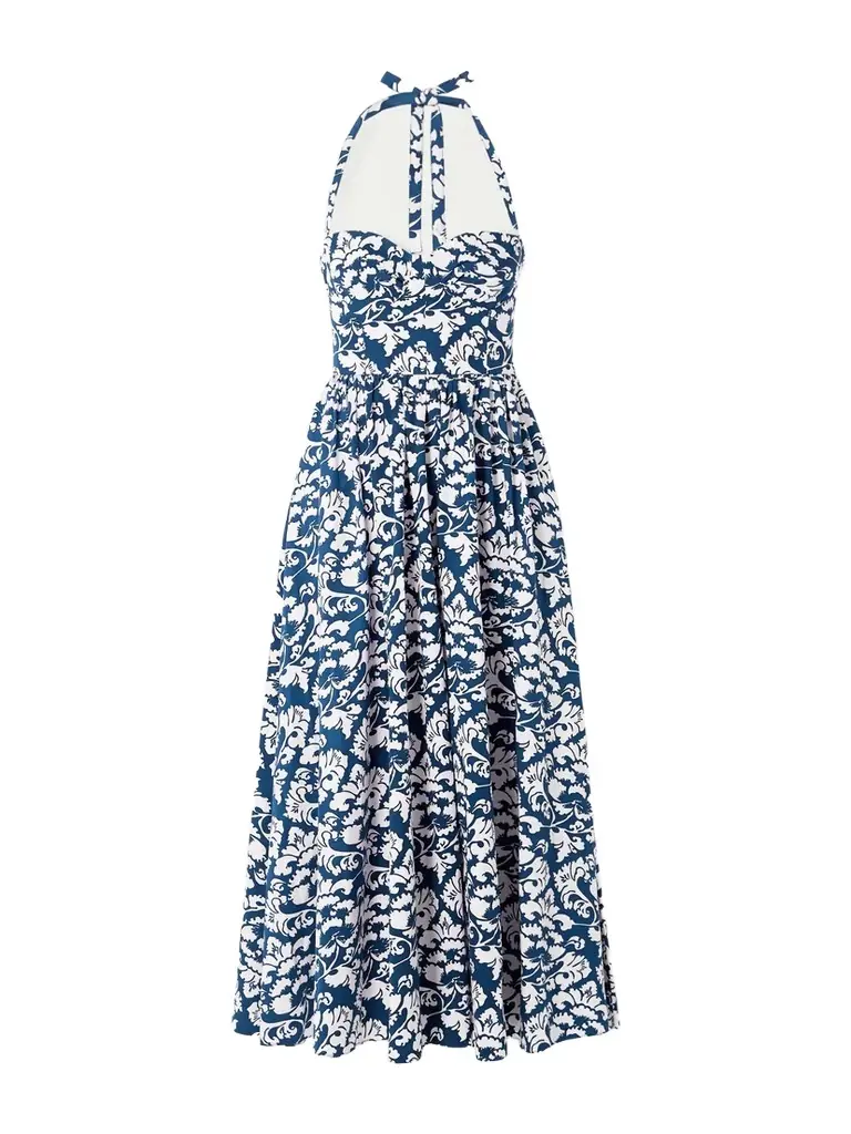 Emporio Sirenuse Johanna Lotus Pleated Floral-print Cotton-twill Halterneck Midi Dress