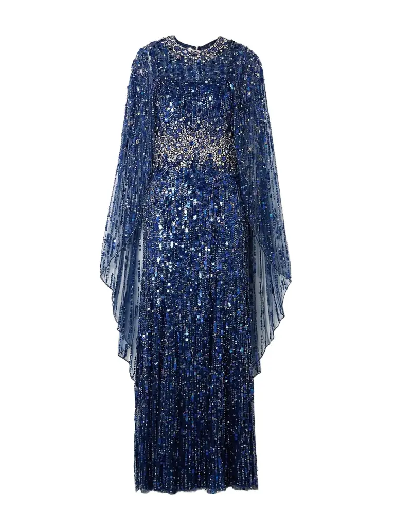 Jenny Packham Honey Dew Cape-effect Embellished Tulle Gown
