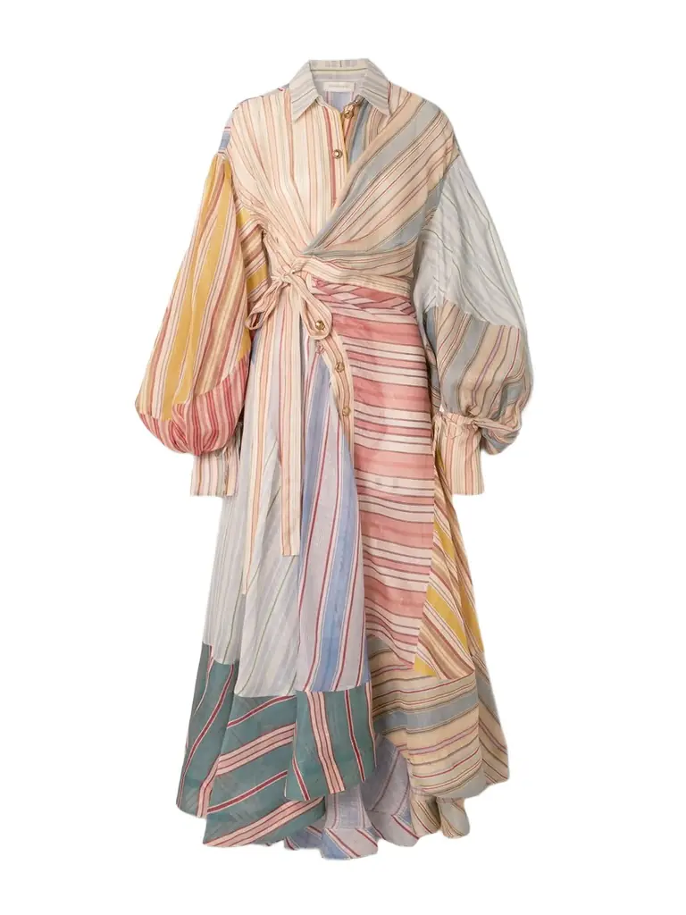 Zimmermann Rebellion Patchwork Striped Linen And Silk-blend Voile Midi Wrap Dress