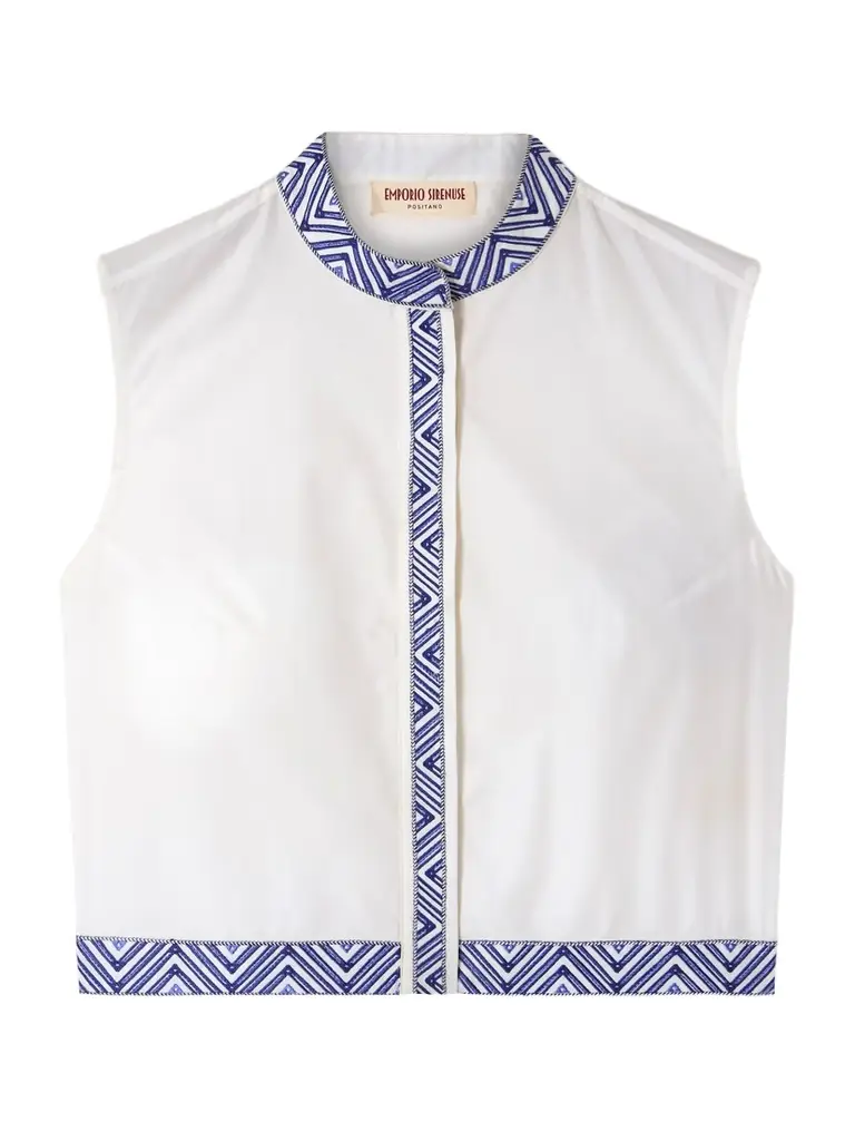 Emporio Sirenuse Andorra Iris Cropped Embroidered Cotton-blend Poplin Top