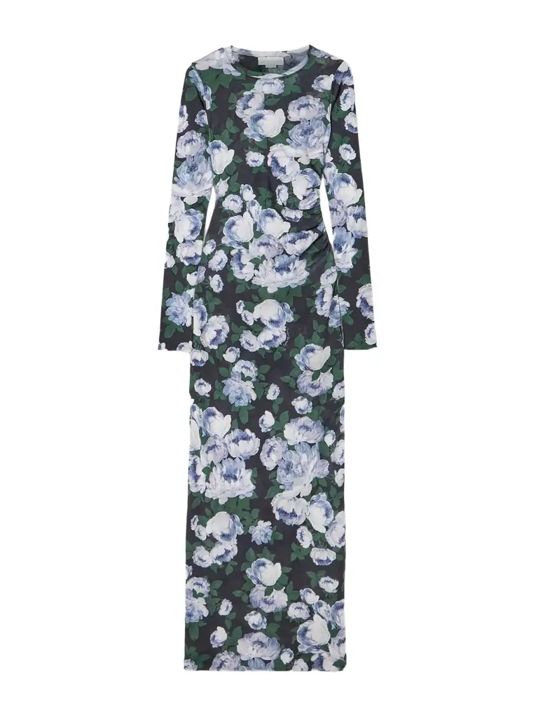 Stella McCartney Gathered Floral-print Stretch-mesh Maxi Dress