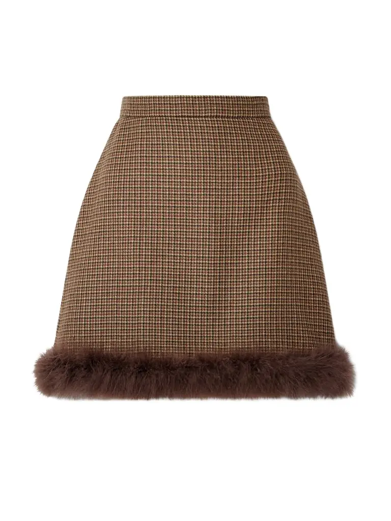 Valentino Garavani Feather-trimmed Houndstooth Wool Mini Skirt