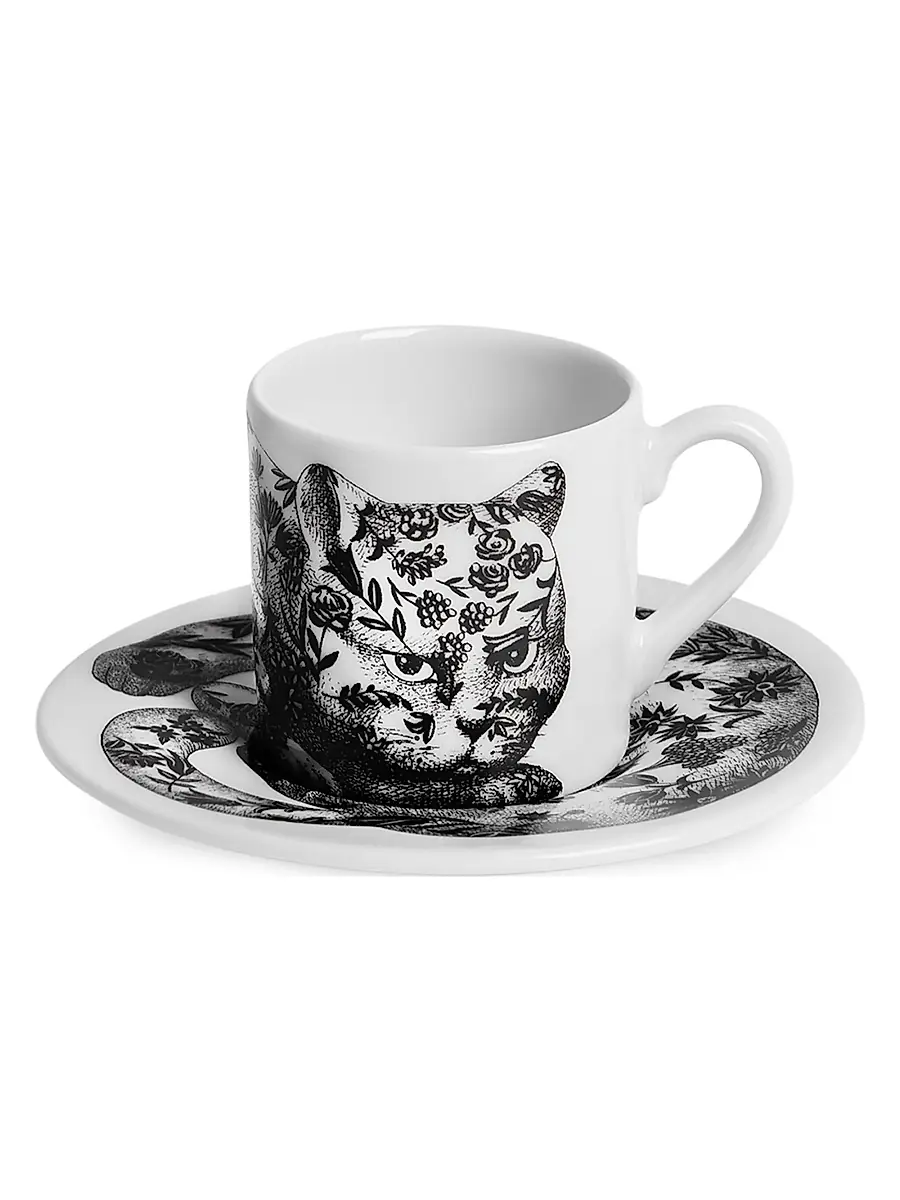 Fornasetti High Fidelity Fiorata Coffee Mug & Saucer - Black White