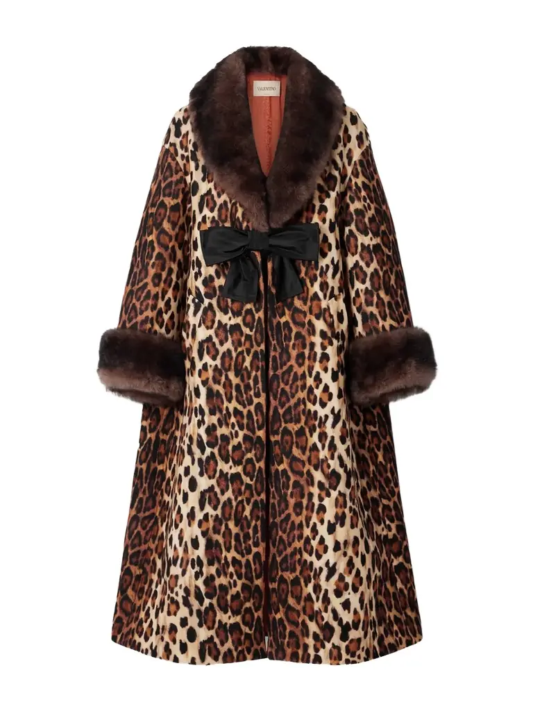 Valentino Garavani Bow-embellished Shearling-trimmed Leopard-print Wool Coat